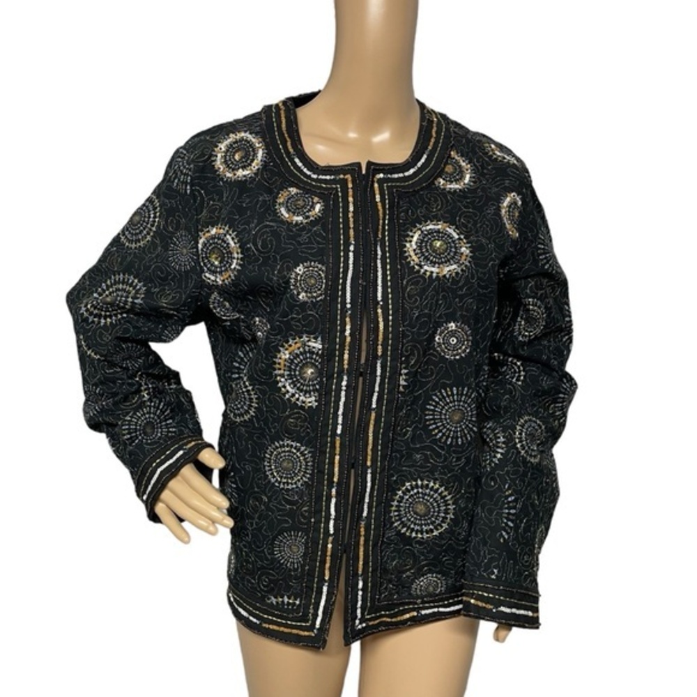 Chico’s Black 2 Medallion Print Sequin Embellished Trim Embroidered Jacket EUC